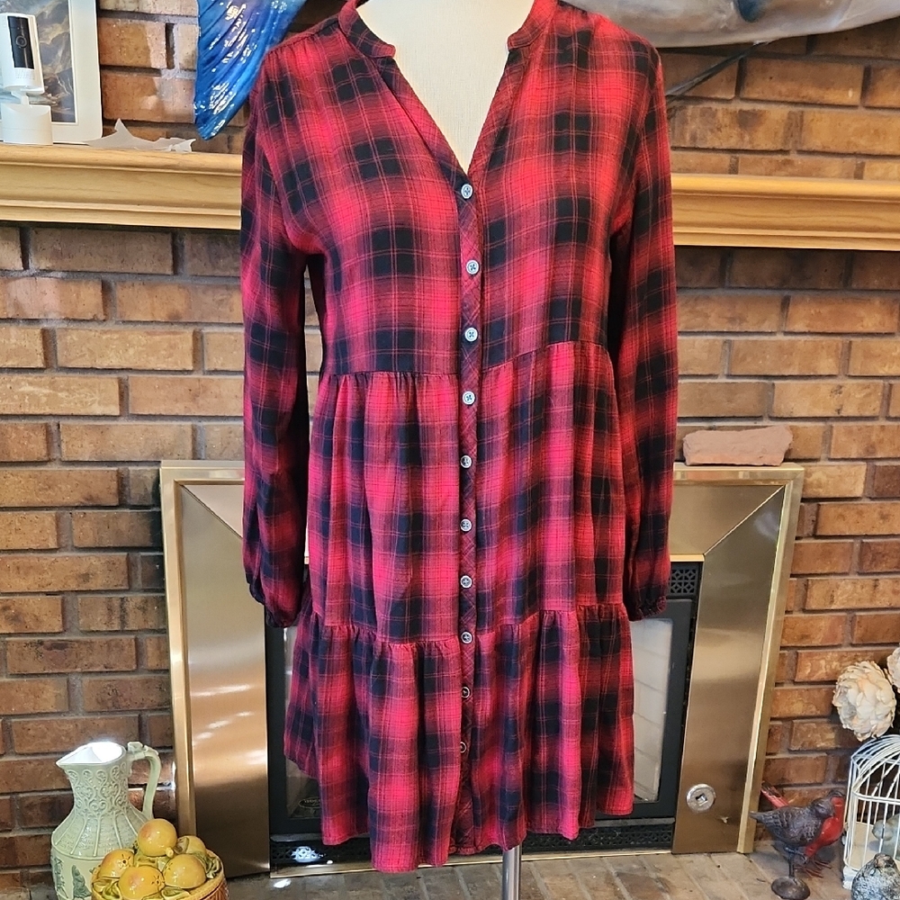 Knox Rose Red and Black Plaid Tunic Mini Dress Soft Cozy Size L Granola Girl